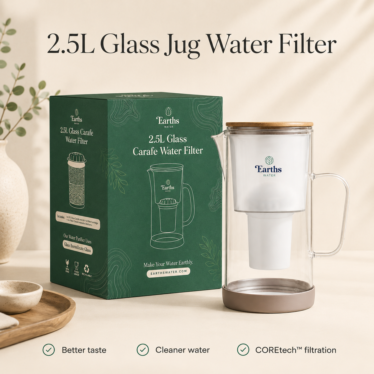 2.5L Glass Water Filter Jug Carafe - Natural