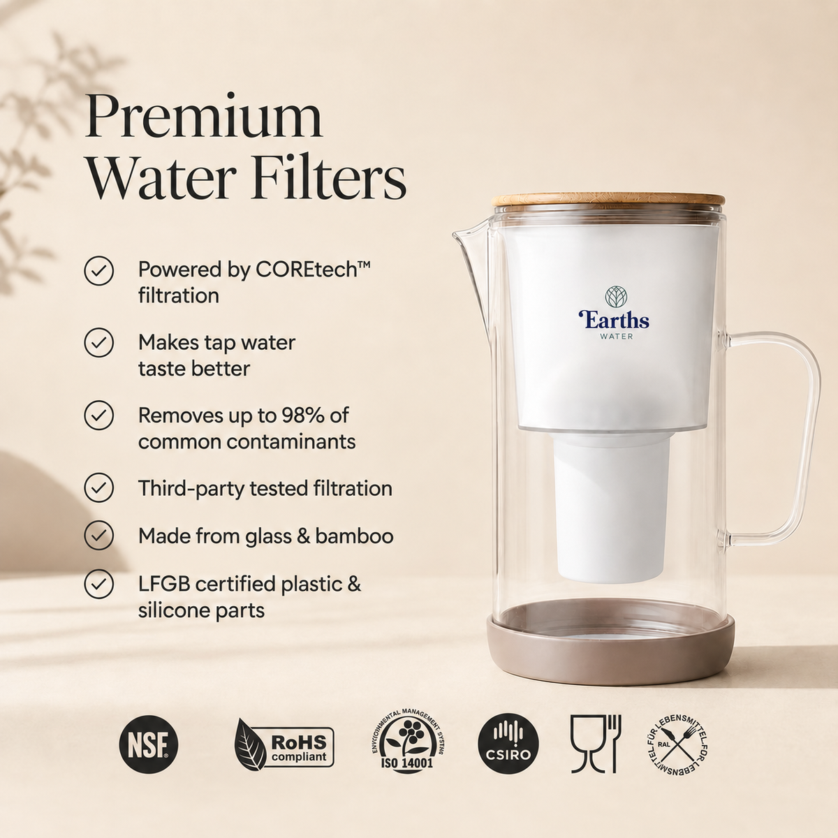 2.5L Glass Water Filter Jug Carafe - Natural