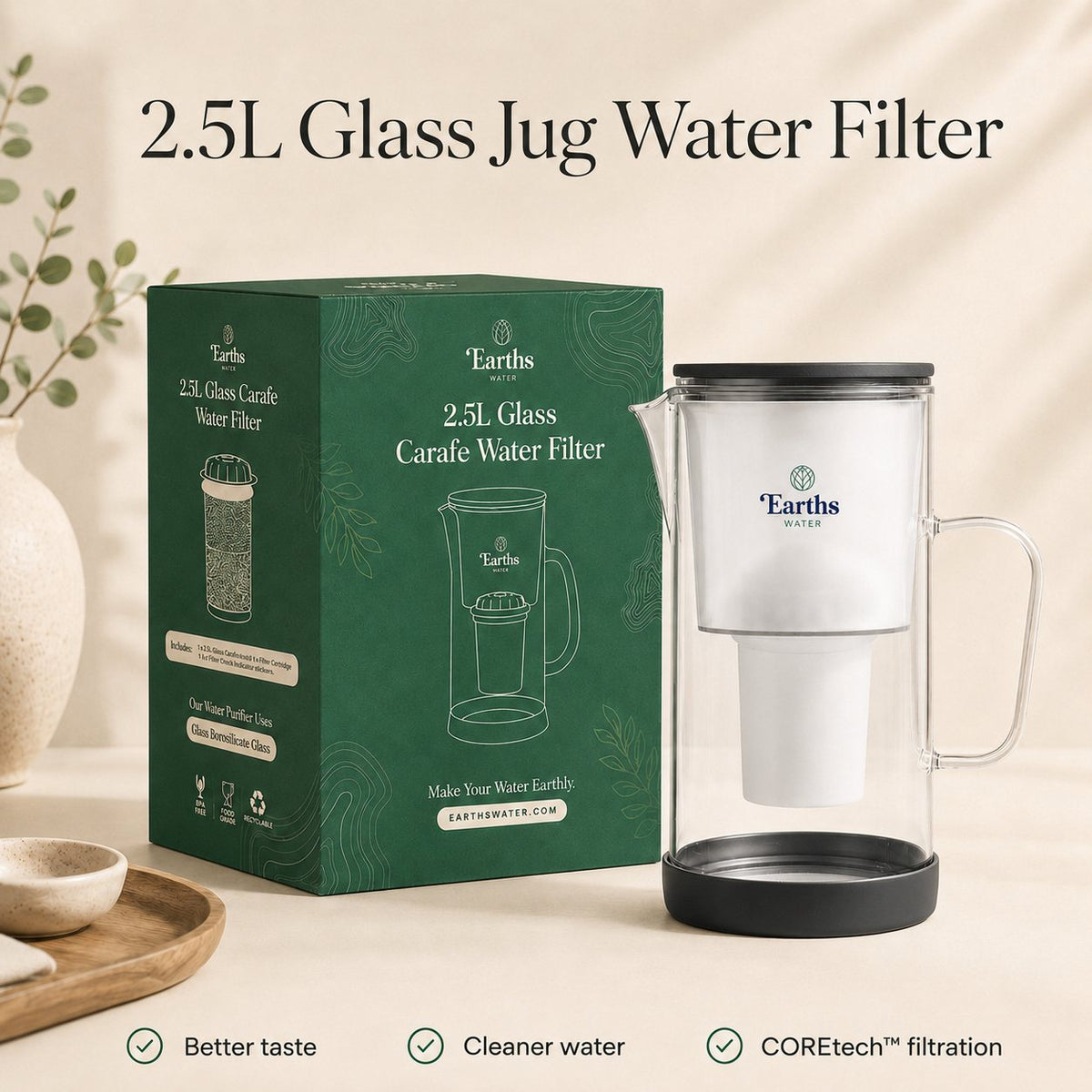 2.5L Glass Water Filter Jug Carafe - Black