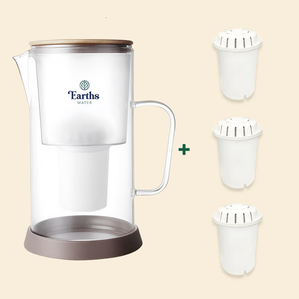 2.5L Glass Jug Carafe Alkaline Water Filter - Natural + 3 Replacement Filters [BUNDLE]