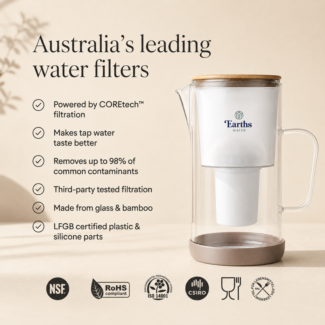 2.5L Glass Water Filter Jug Carafe - Natural